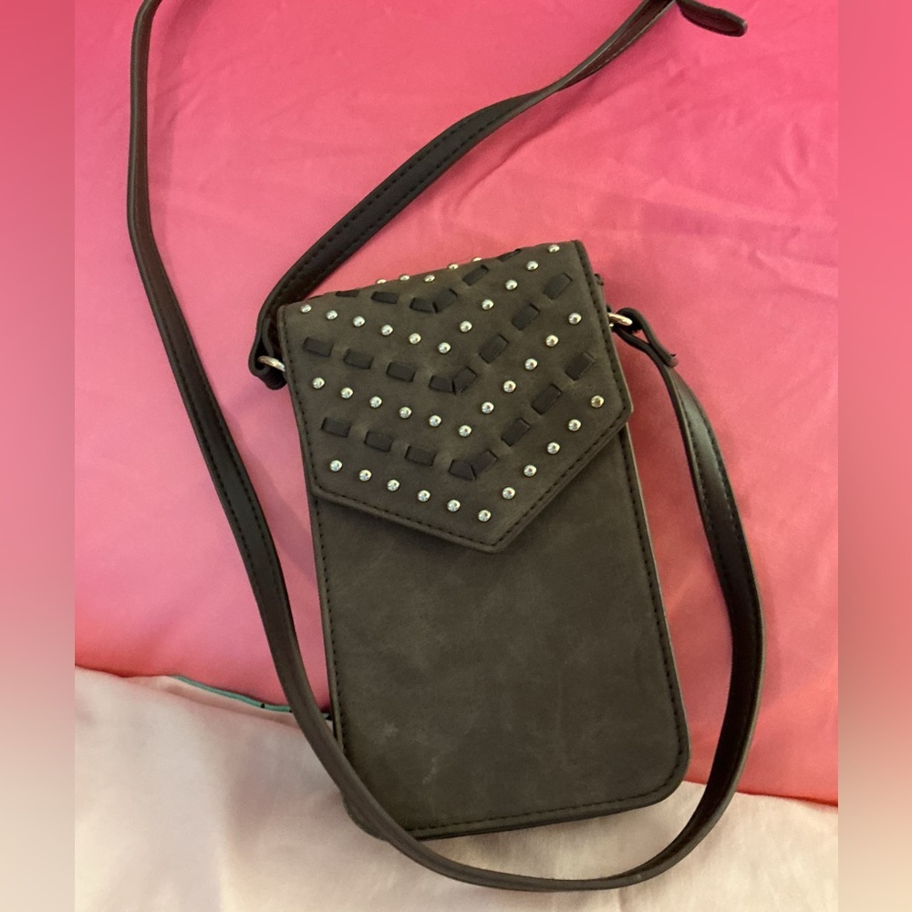 Studded Brown Faux Leather Crossbody Phone Bag - Cato International